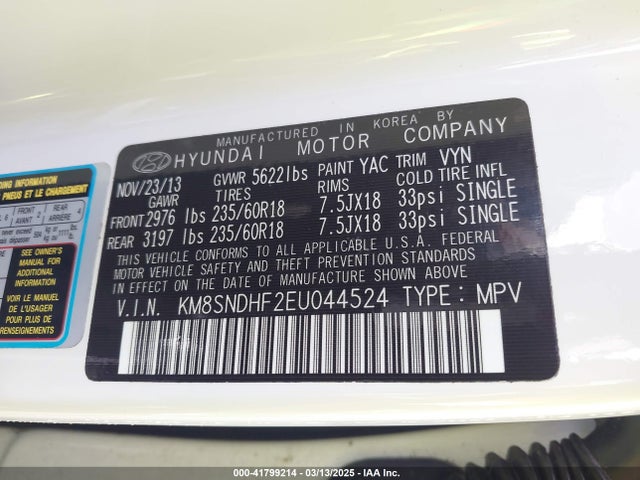 KM8SNDHF2EU044524 Hyundai Santa Fe Limited