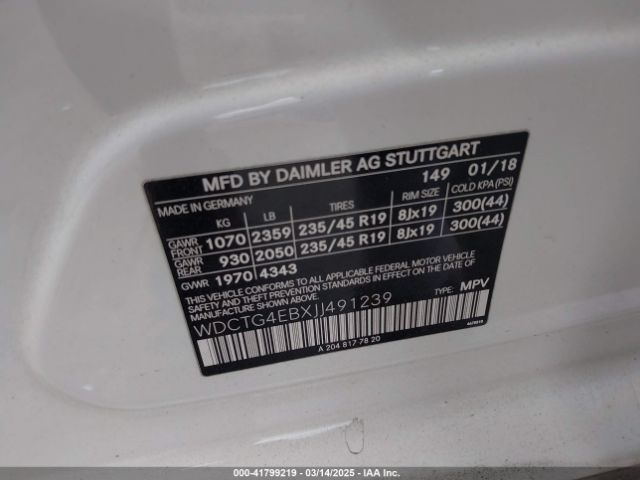 WDCTG4EBXJJ491239 Mercedes-Benz GLA 250
