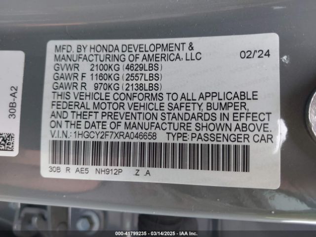 1HGCY2F7XRA046658 Honda Accord Hybrid Sport-l