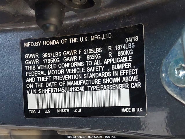 SHHFK7H45JU419340 Honda Civic Sport