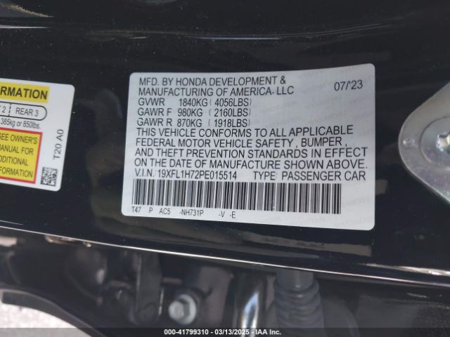 19XFL1H72PE015514 Honda Civic Ex-l /ex-l W/o Bsi