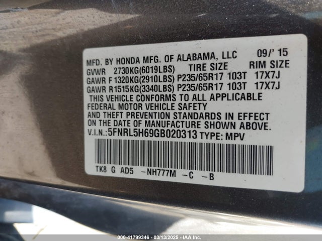 5FNRL5H69GB020313 Honda Odyssey Ex-l