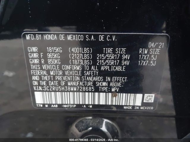 3CZRU5H38MM728685 Honda Hr-v 2wd Lx