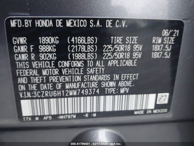 3CZRU6H12MM749374 Honda Hr-v Awd Sport