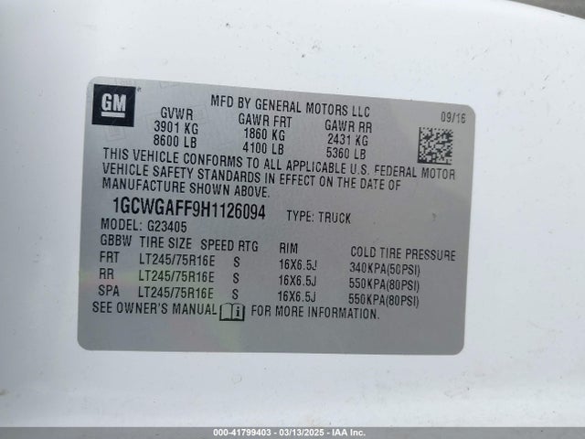 1GCWGAFF9H1126094 Chevrolet Express 2500 Work Van