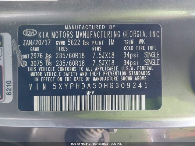5XYPHDA50HG309241 KIA Sorento 3.3l Ex