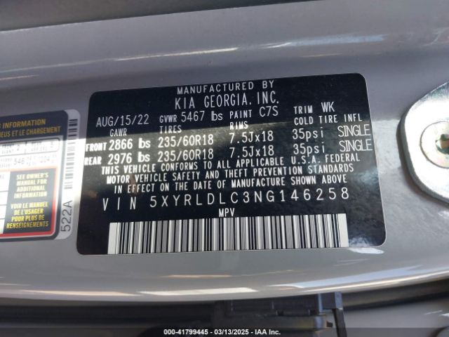 5XYRLDLC3NG146258 KIA Sorento X-line S