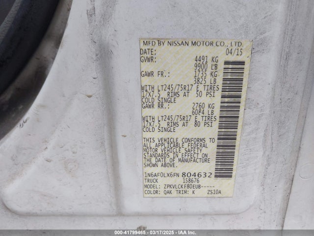 1N6AF0LX6FN804632 Nissan Nv Cargo Nv2500 Hd S V8/sl V8/sv V8