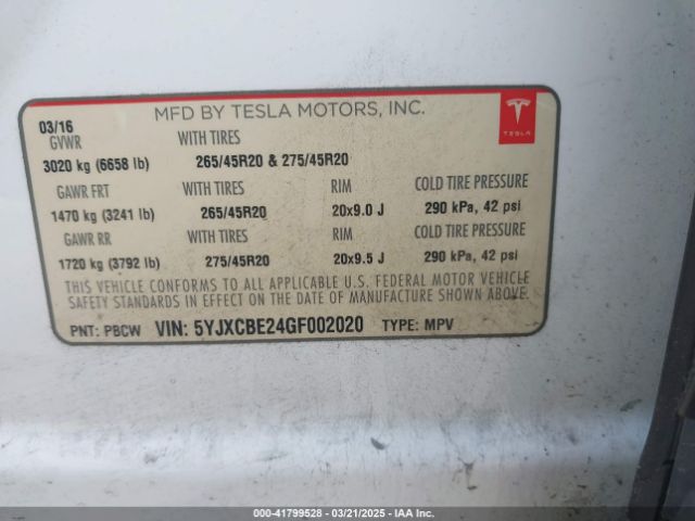 5YJXCBE24GF002020 Tesla Model X 60d/70d/75d/90d/p100d