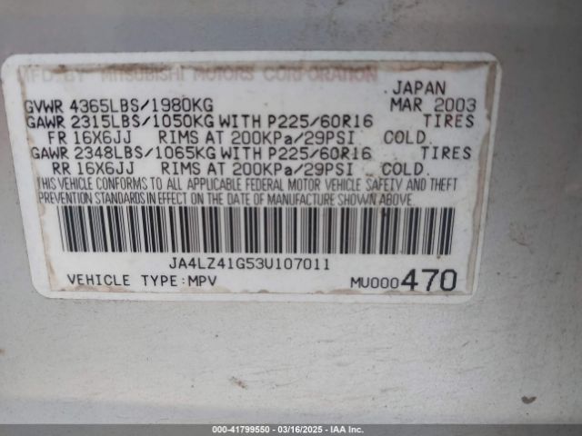 2003 MITSUBISHI OUTLANDER JA4LZ41G53U107011 Photo 8