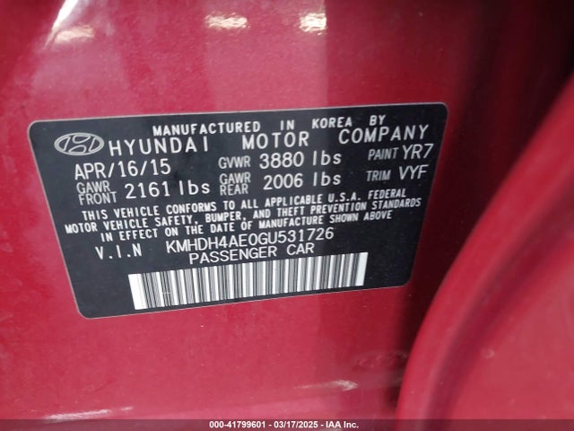 KMHDH4AE0GU531726 Hyundai ELANTRA SE