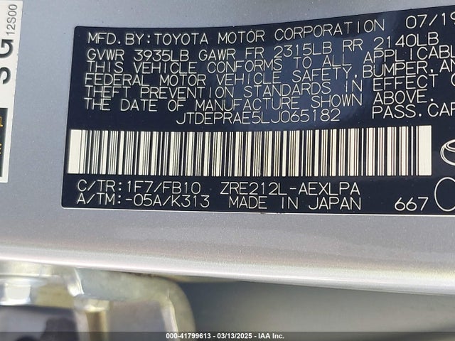 JTDEPRAE5LJ065182 Toyota COROLLA LE