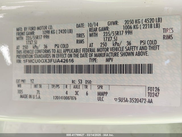 1FMCU0GX3FUA42616 Ford ESCAPE SE