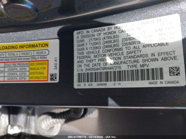 2HKRS4H74RH447215 Honda Cr-v Ex-l Awd