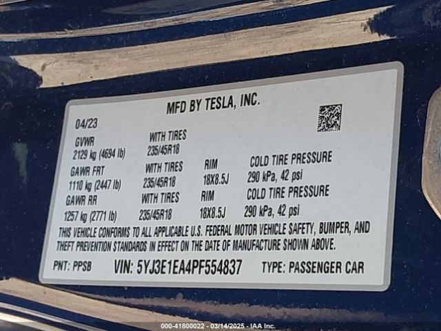 5YJ3E1EA4PF554837 Tesla Model 3 Rear-wheel Drive