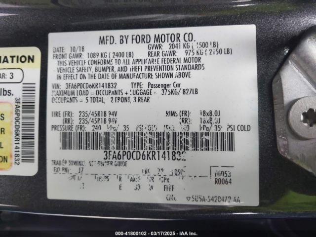 3FA6P0CD6KR141832 Ford FUSION SEL