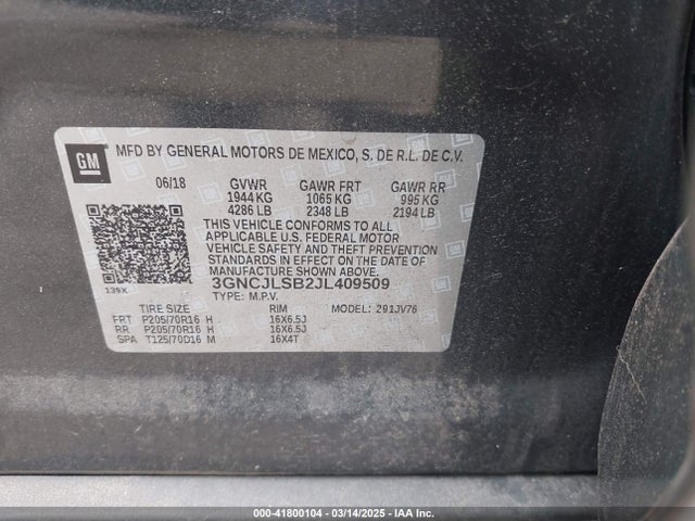 3GNCJLSB2JL409509 Chevrolet Trax Lt
