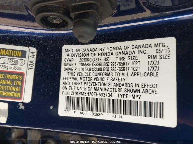 2HKRM3H70FH533704 Honda Cr-v Ex-l