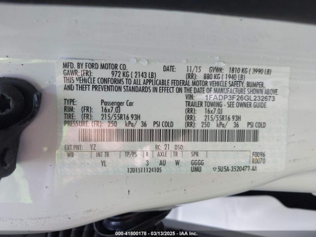 1FADP3F26GL232673 Ford FOCUS SE