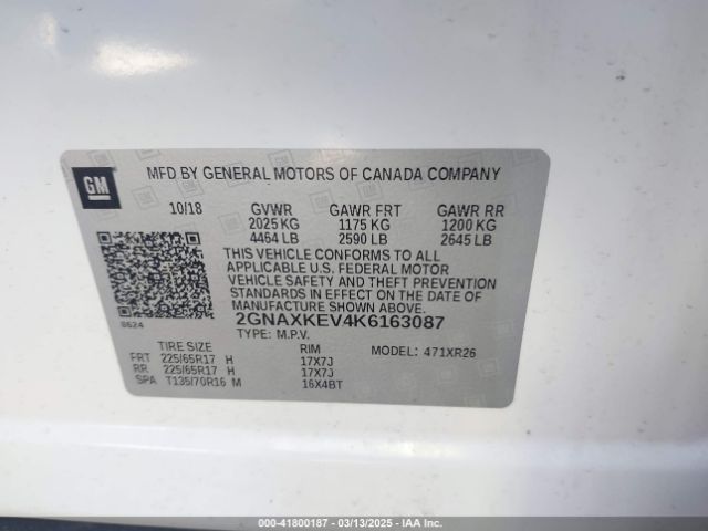 2GNAXKEV4K6163087 Chevrolet EQUINOX LT