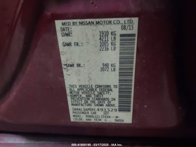 1N4AL3AP0FC491529 Nissan Altima 2.5 S