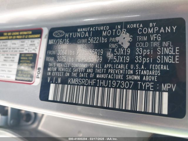 KM8SRDHF1HU197307 Hyundai Santa Fe Se Ultimate