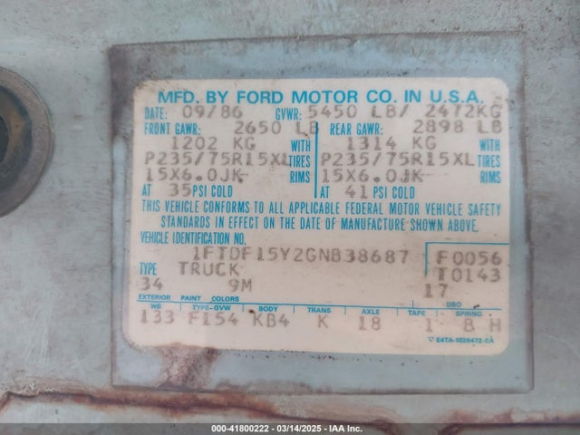 1986 FORD F150 1FTDF15Y2GNB38687 Photo 8