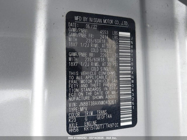 JN8BT3BAXNW043261 Nissan Rogue Sv Fwd