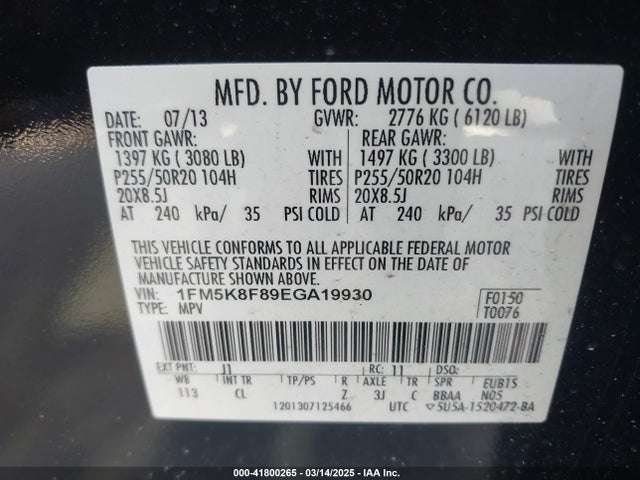 1FM5K8F89EGA19930 Ford Explorer Limited