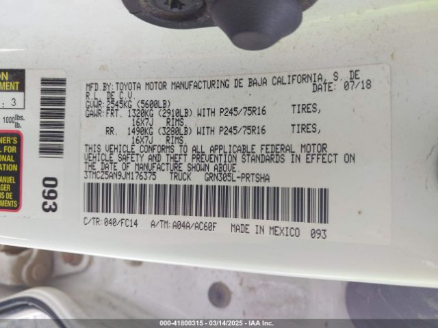3TMCZ5AN9JM176375 Toyota Tacoma Sr5 V6