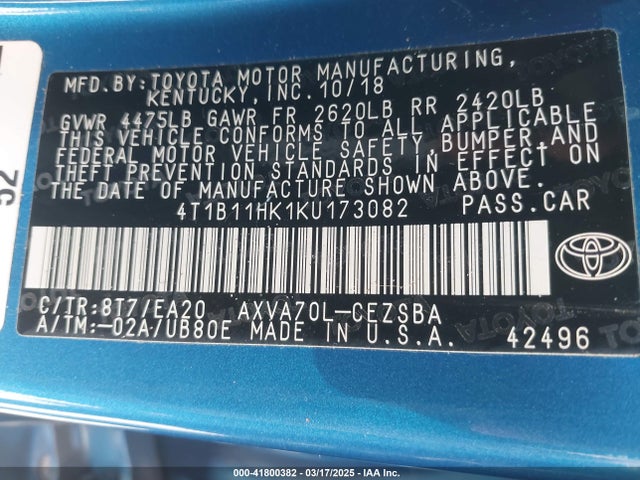 4T1B11HK1KU173082 Toyota CAMRY SE