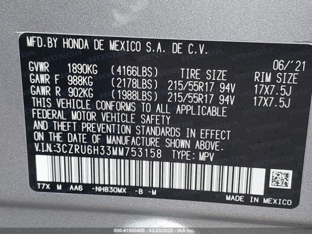 3CZRU6H33MM753158 Honda Hr-v Awd Lx