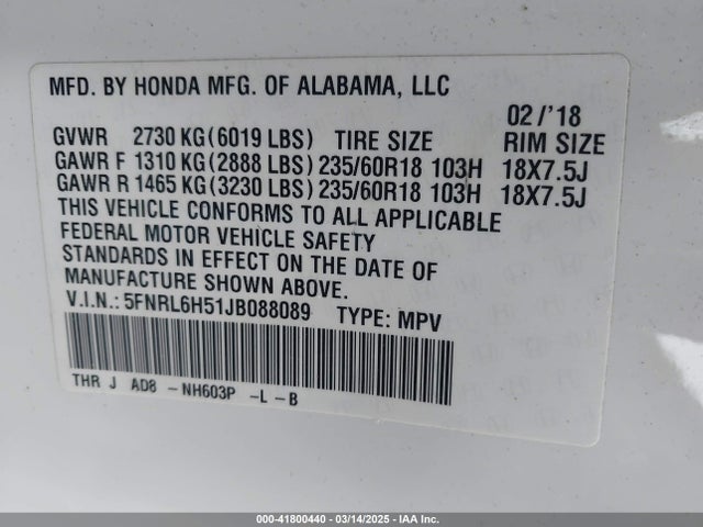 Honda ODYSSEY EX 2018 5FNRL6H51JB088089 Image 9