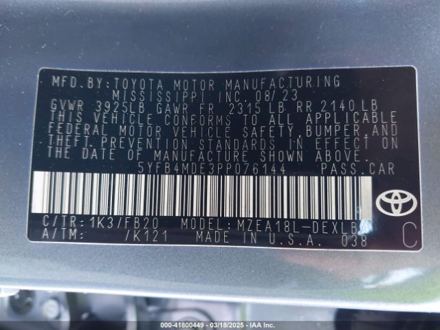 5YFB4MDE3PP076144 Toyota COROLLA LE
