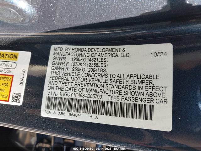 1HGCY1F46SA005790 Honda l15be