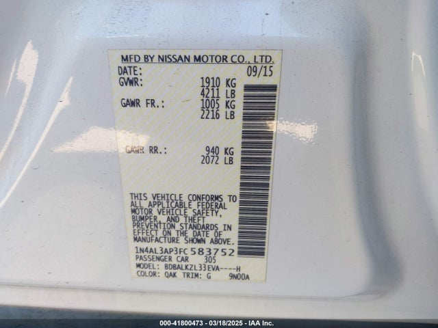 1N4AL3AP3FC583752 Nissan Altima 2.5 Sv