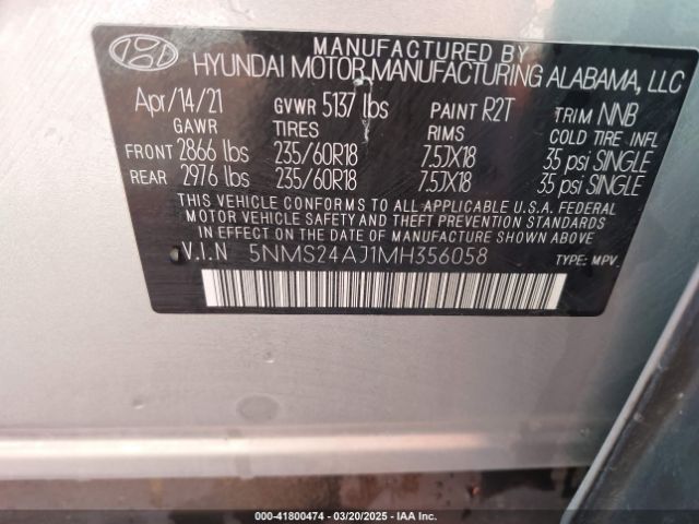5NMS24AJ1MH356058 Hyundai Santa Fe Sel