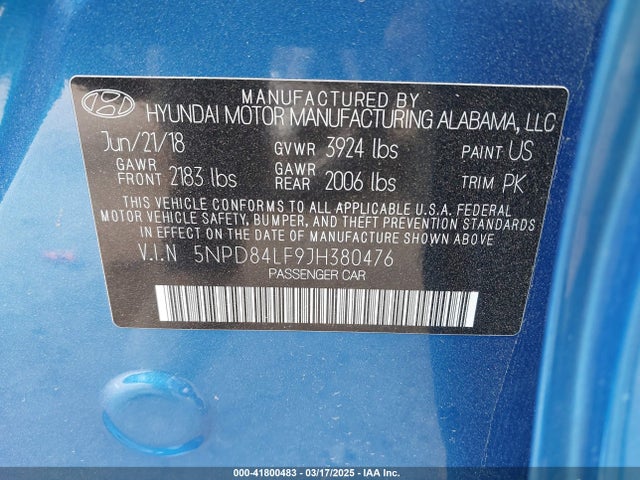 5NPD84LF9JH380476 Hyundai ELANTRA SEL