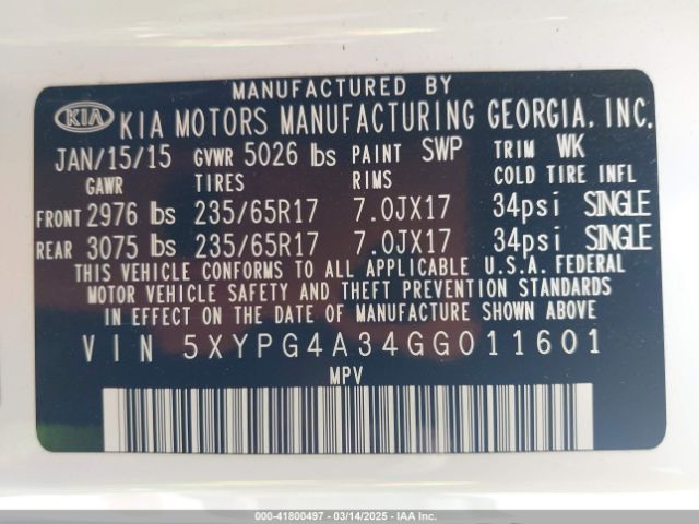 5XYPG4A34GG011601 KIA Sorento 2.4l Lx