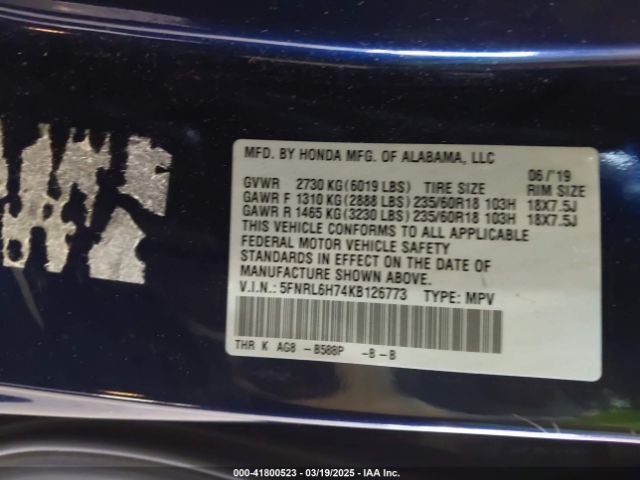 5FNRL6H74KB126773 Honda Odyssey Ex-l