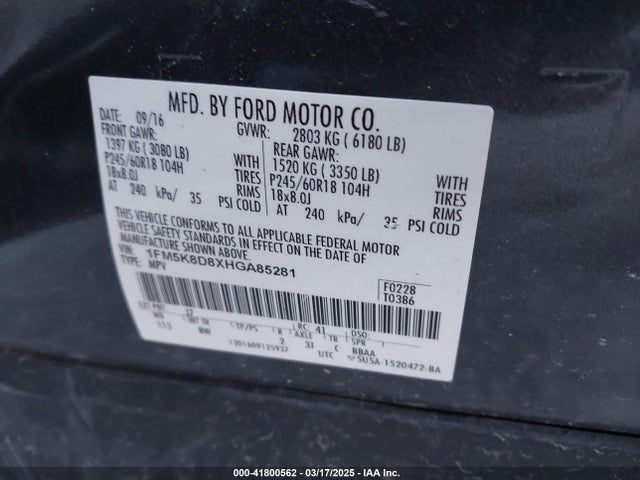 Ford EXPLORER XLT 2017 1FM5K8D8XHGA85281 Image 9
