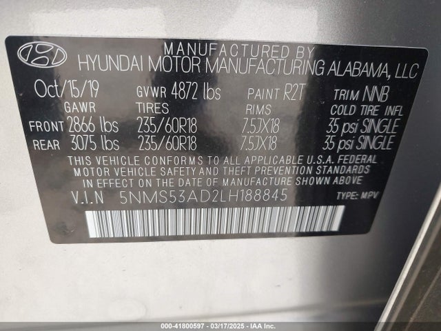 5NMS53AD2LH188845 Hyundai Santa Fe Limited