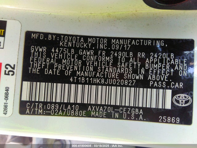 4T1B11HK8JU020827 Toyota CAMRY XLE