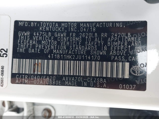 4T1B11HK2JU114170 Toyota CAMRY SE
