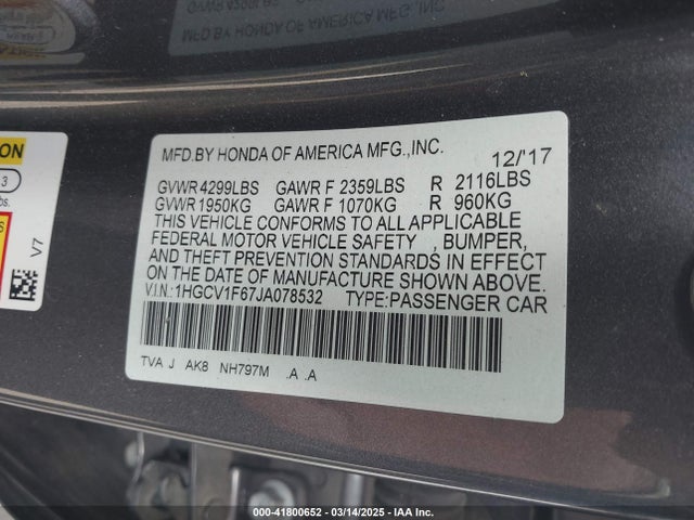 1HGCV1F67JA078532 Honda Accord Ex-l