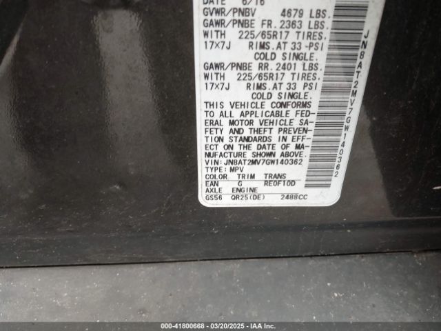 JN8AT2MV7GW140362 Nissan Rogue S/sl/sv
