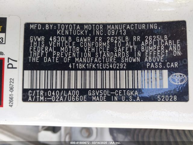 4T1BK1FK1EU540292 Toyota Camry Xle V6