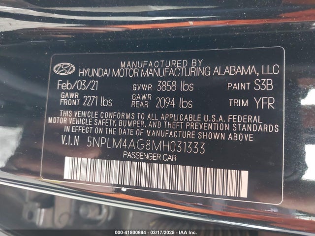 5NPLM4AG8MH031333 Hyundai ELANTRA SEL