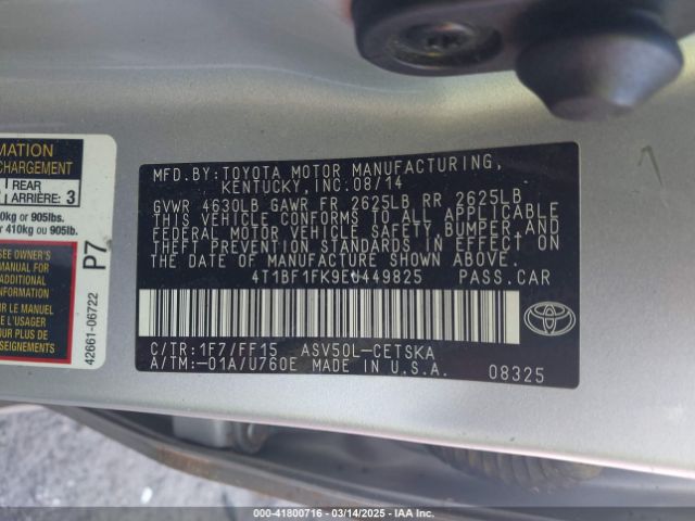 4T1BF1FK9EU449825 Toyota CAMRY SE