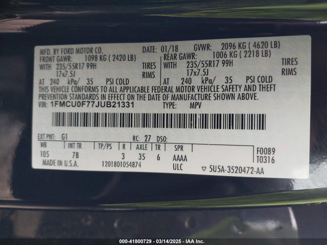 Ford ESCAPE S 2018 1FMCU0F77JUB21331 Image 9